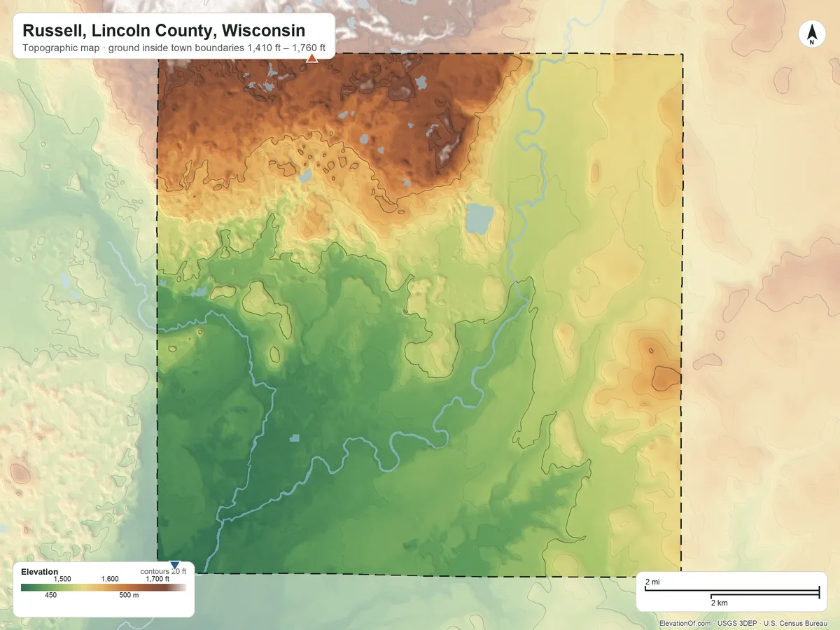 Topographic elevation map of Russell, Lincoln County, Wisconsin, shaded from 1,410 ft on the southwest side to 1,760 ft on the north side