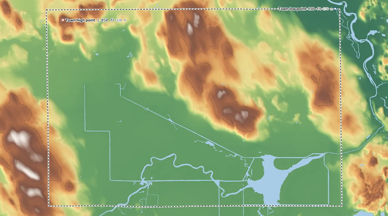 Topographic elevation map of Russell, Sheboygan County, Wisconsin, shaded from 890 ft on the northeast side to 1,050 ft on the west side