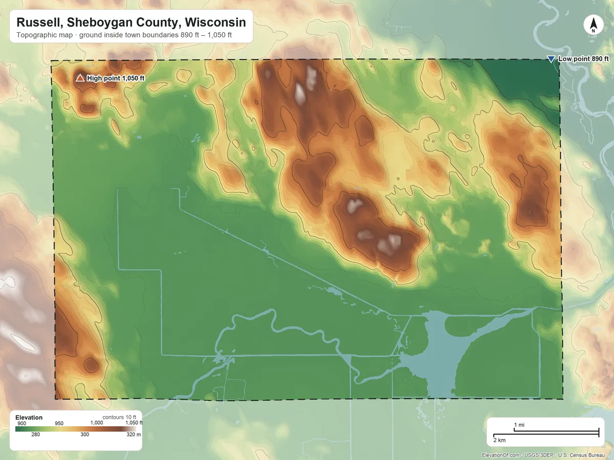Topographic elevation map of Russell, Sheboygan County, Wisconsin, shaded from 890 ft on the northeast side to 1,050 ft on the west side