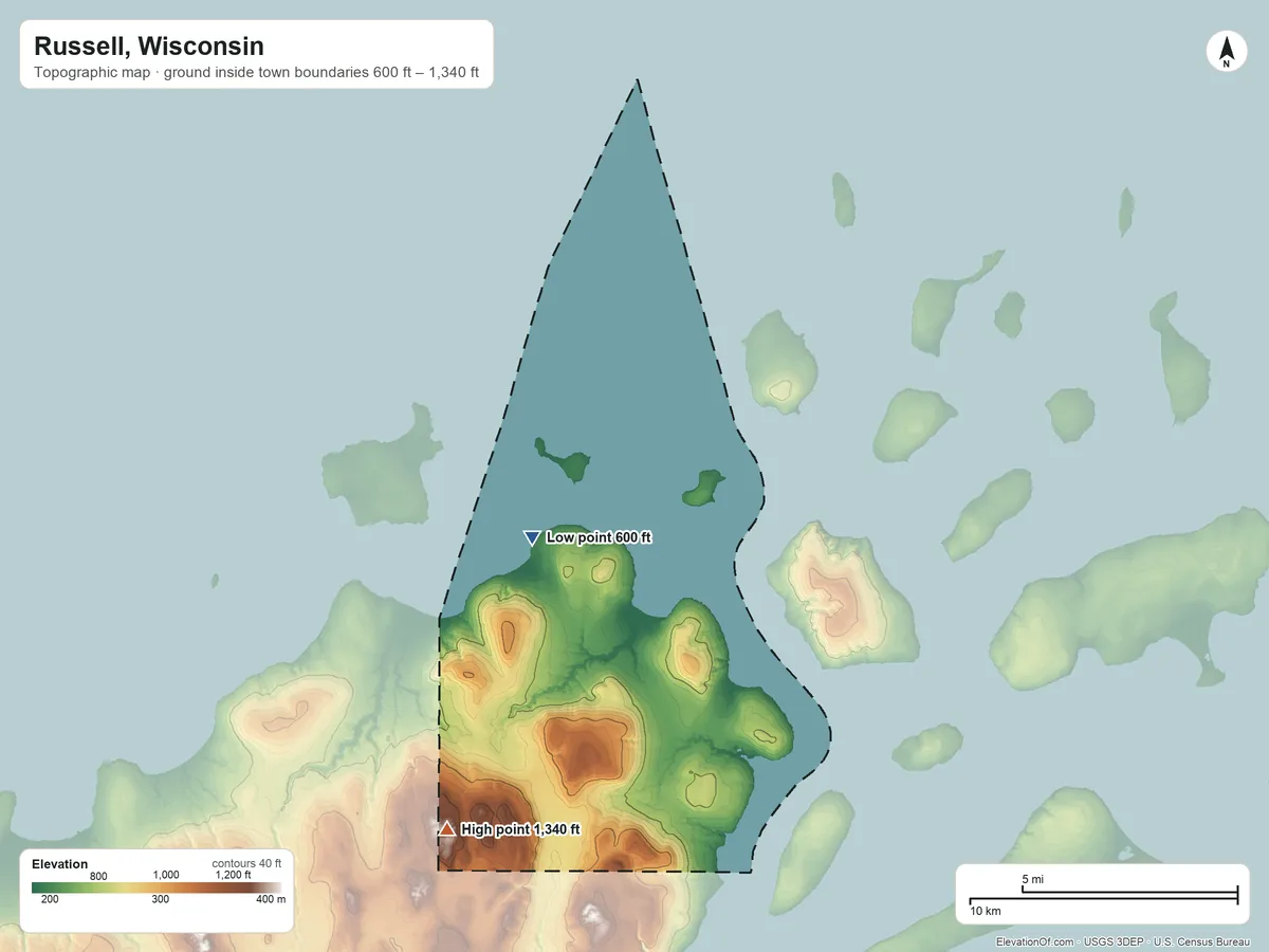 Topographic elevation map of Russell, Wisconsin, shaded from 600 ft on the northwest side to 1,340 ft on the west side