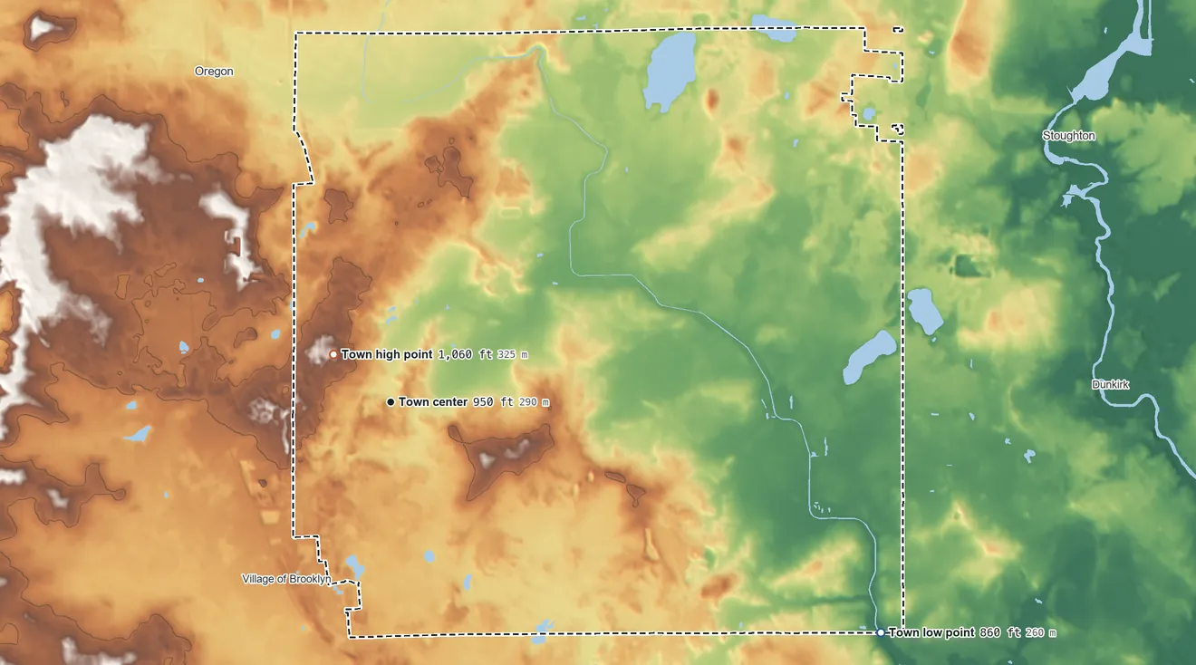 Topographic elevation map of Rutland, Wisconsin, shaded from 860 ft on the southeast side to 1,060 ft near the middle