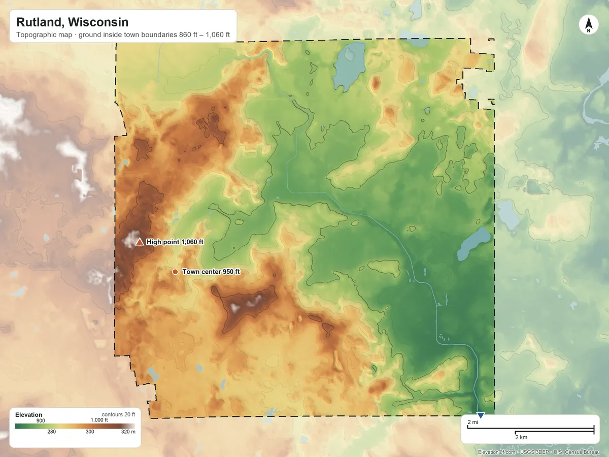 Topographic elevation map of Rutland, Wisconsin, shaded from 860 ft on the southeast side to 1,060 ft near the middle