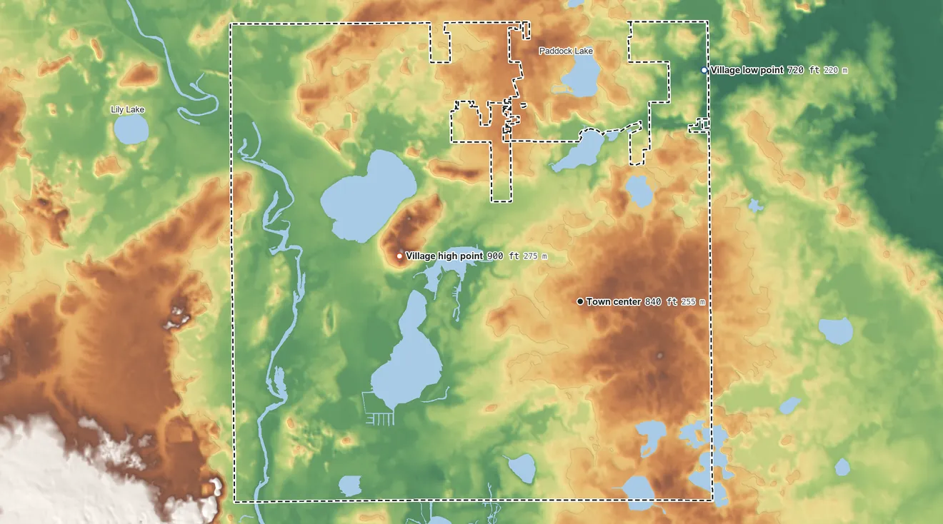 Topographic elevation map of Salem Lakes, Wisconsin, shaded from 720 ft on the northeast side to 900 ft on the west side