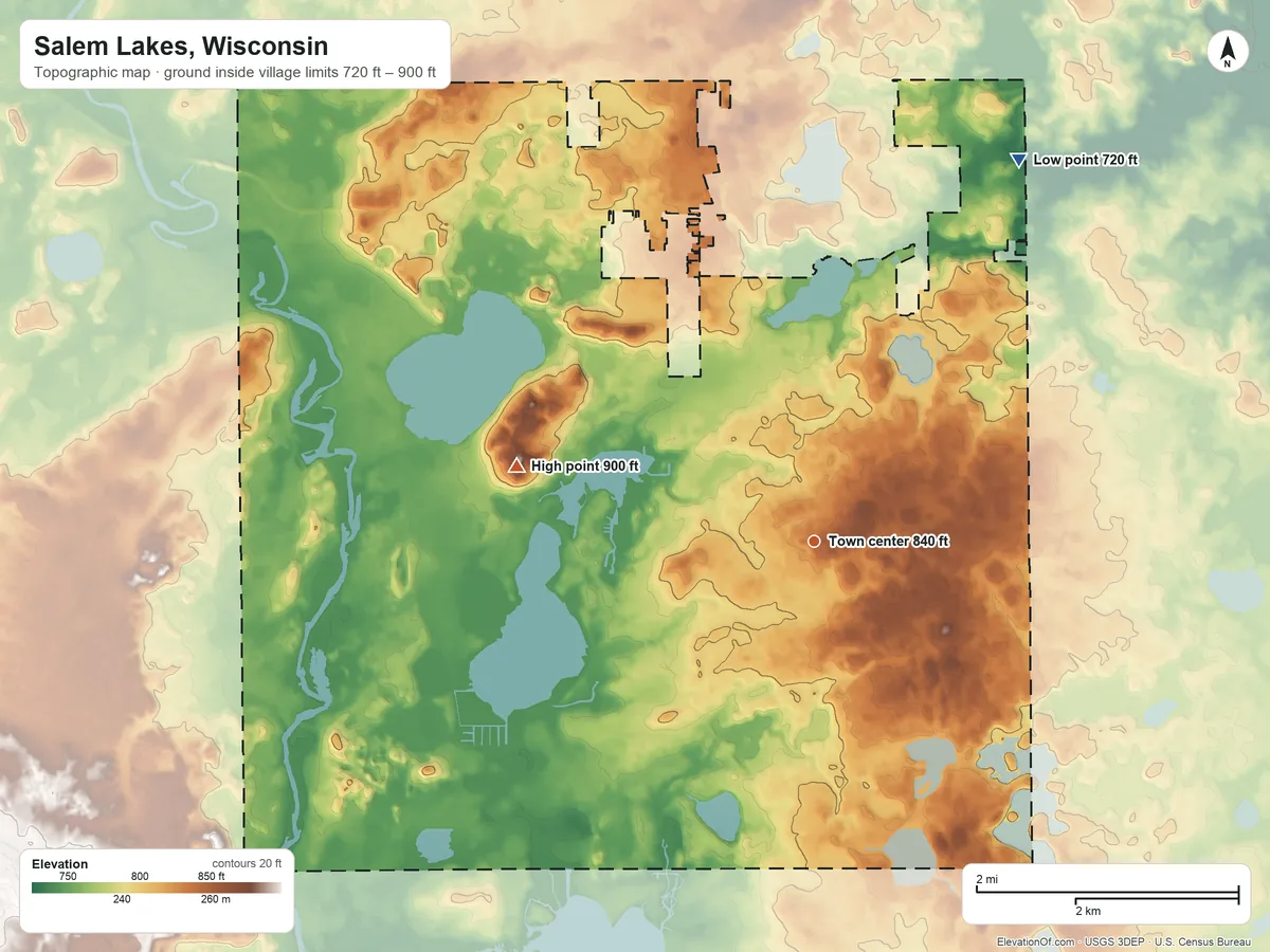 Topographic elevation map of Salem Lakes, Wisconsin, shaded from 720 ft on the northeast side to 900 ft on the west side