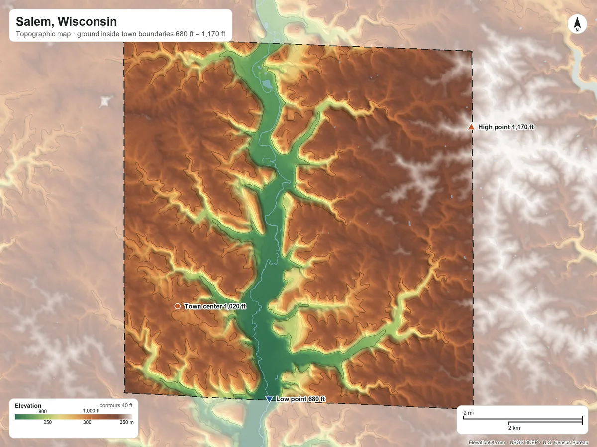 Topographic elevation map of Salem, Wisconsin, shaded from 680 ft on the southeast side to 1,170 ft on the northeast side