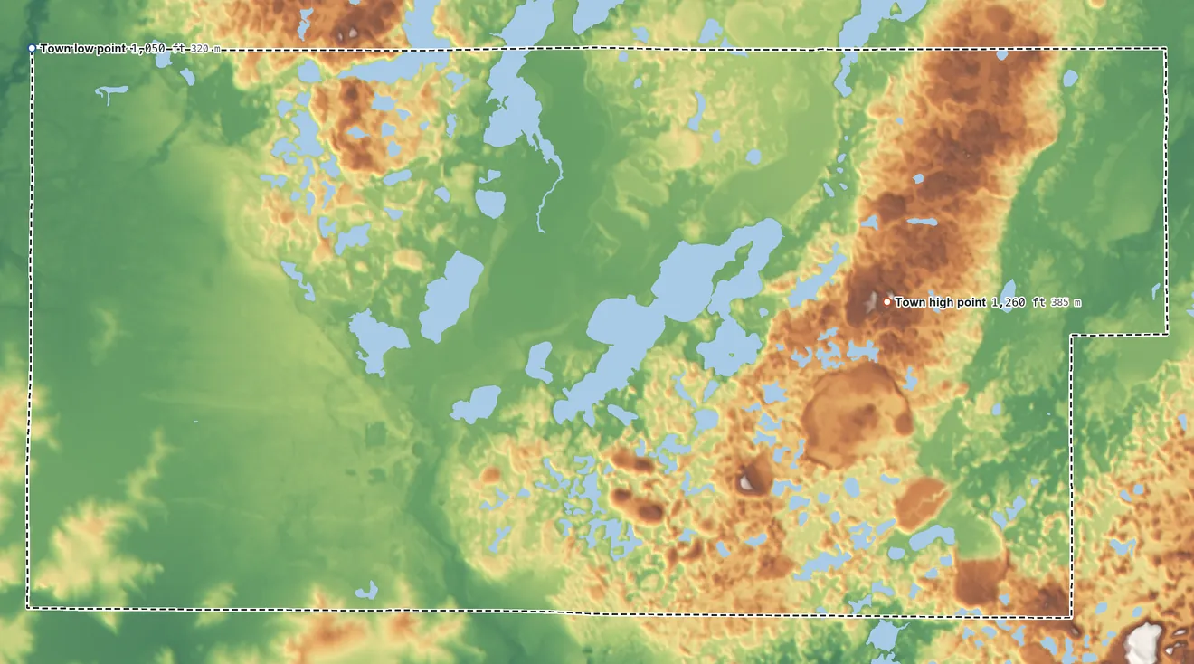 Topographic elevation map of Sampson, Wisconsin, shaded from 1,050 ft on the northwest side to 1,260 ft on the east side