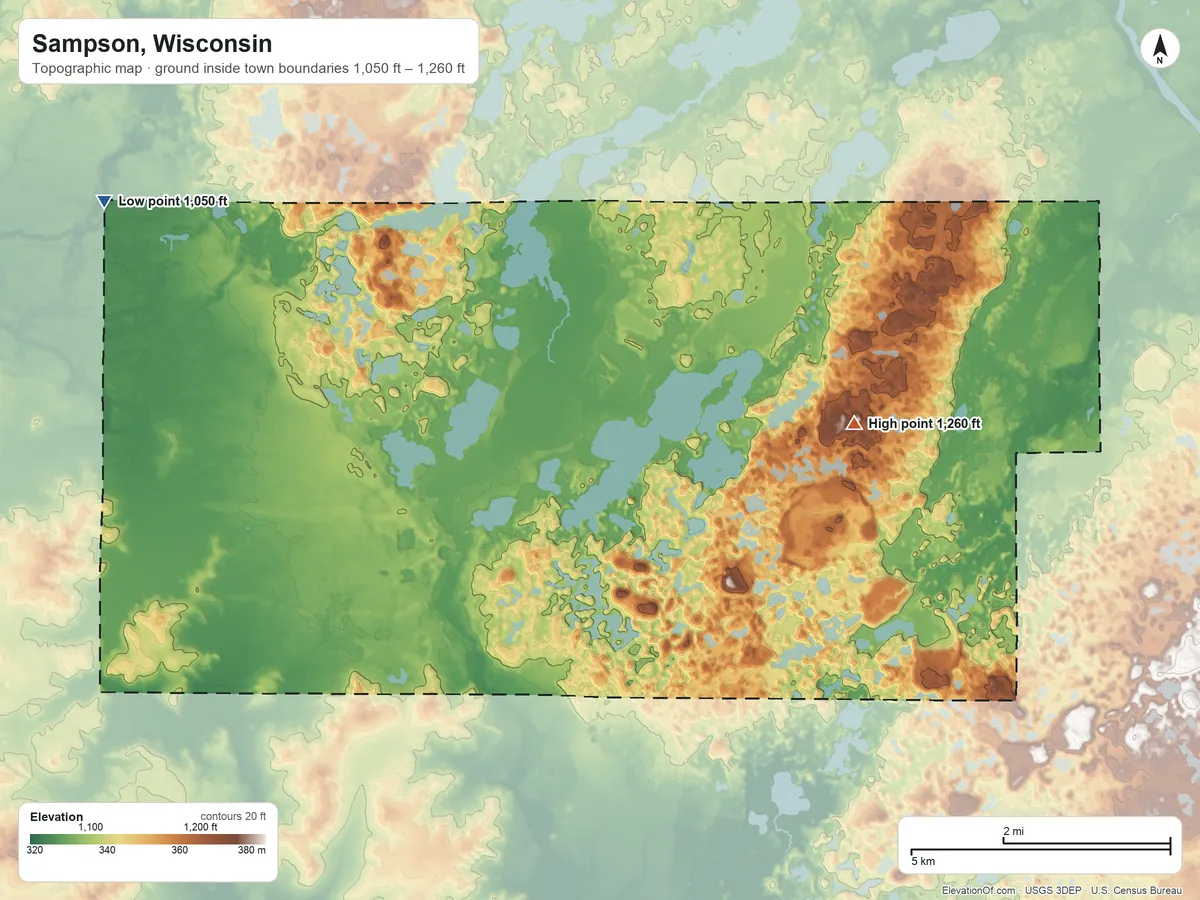 Topographic elevation map of Sampson, Wisconsin, shaded from 1,050 ft on the northwest side to 1,260 ft on the east side