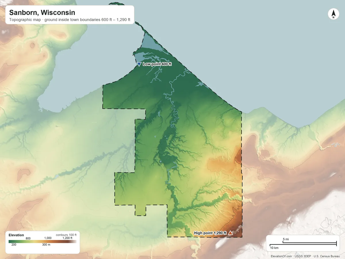 Topographic elevation map of Sanborn, Wisconsin, shaded from 600 ft on the northwest side to 1,290 ft on the south side