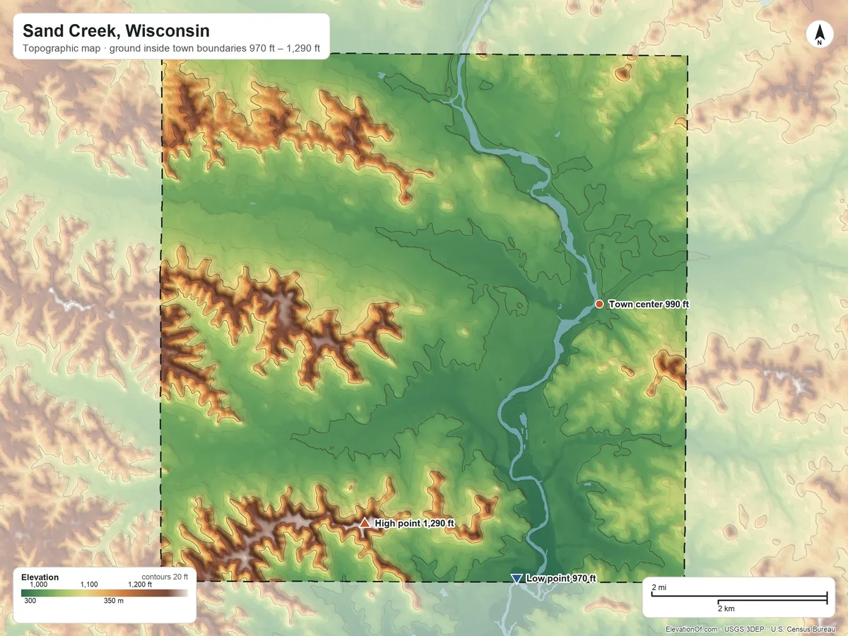Topographic elevation map of Sand Creek, Wisconsin, shaded from 970 ft on the south side to 1,290 ft on the southwest side
