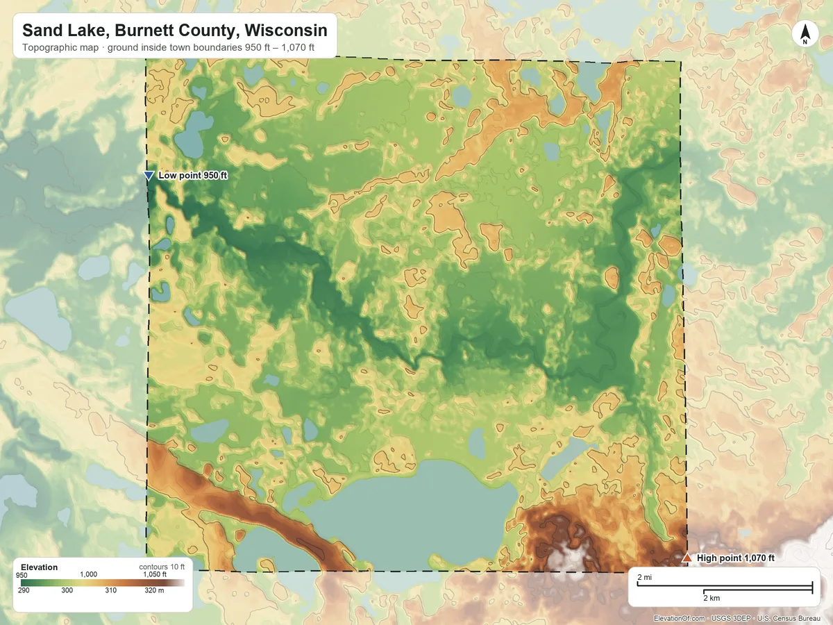 Topographic elevation map of Sand Lake, Burnett County, Wisconsin, shaded from 950 ft on the northwest side to 1,070 ft on the southeast side