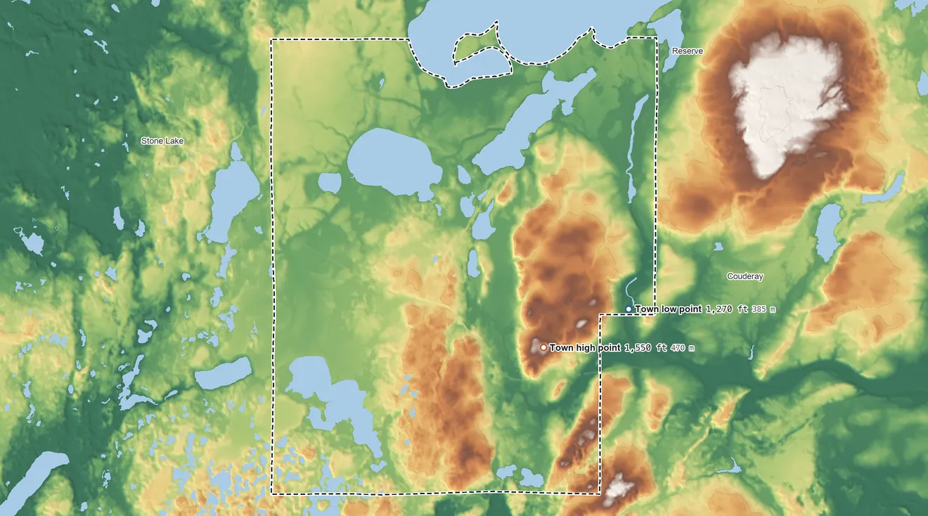 Topographic elevation map of Sand Lake, Wisconsin, shaded from 1,270 ft on the southeast side to 1,550 ft on the southeast side