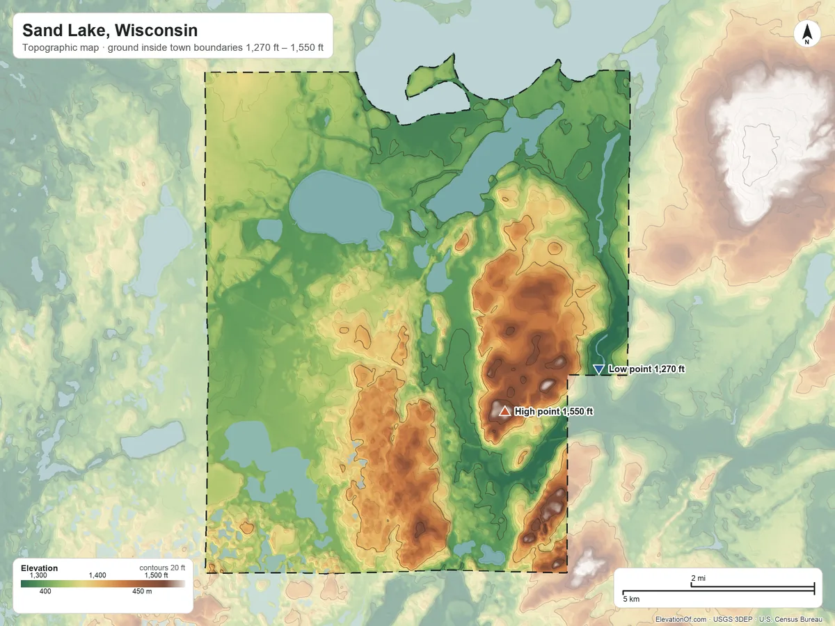 Topographic elevation map of Sand Lake, Wisconsin, shaded from 1,270 ft on the southeast side to 1,550 ft on the southeast side