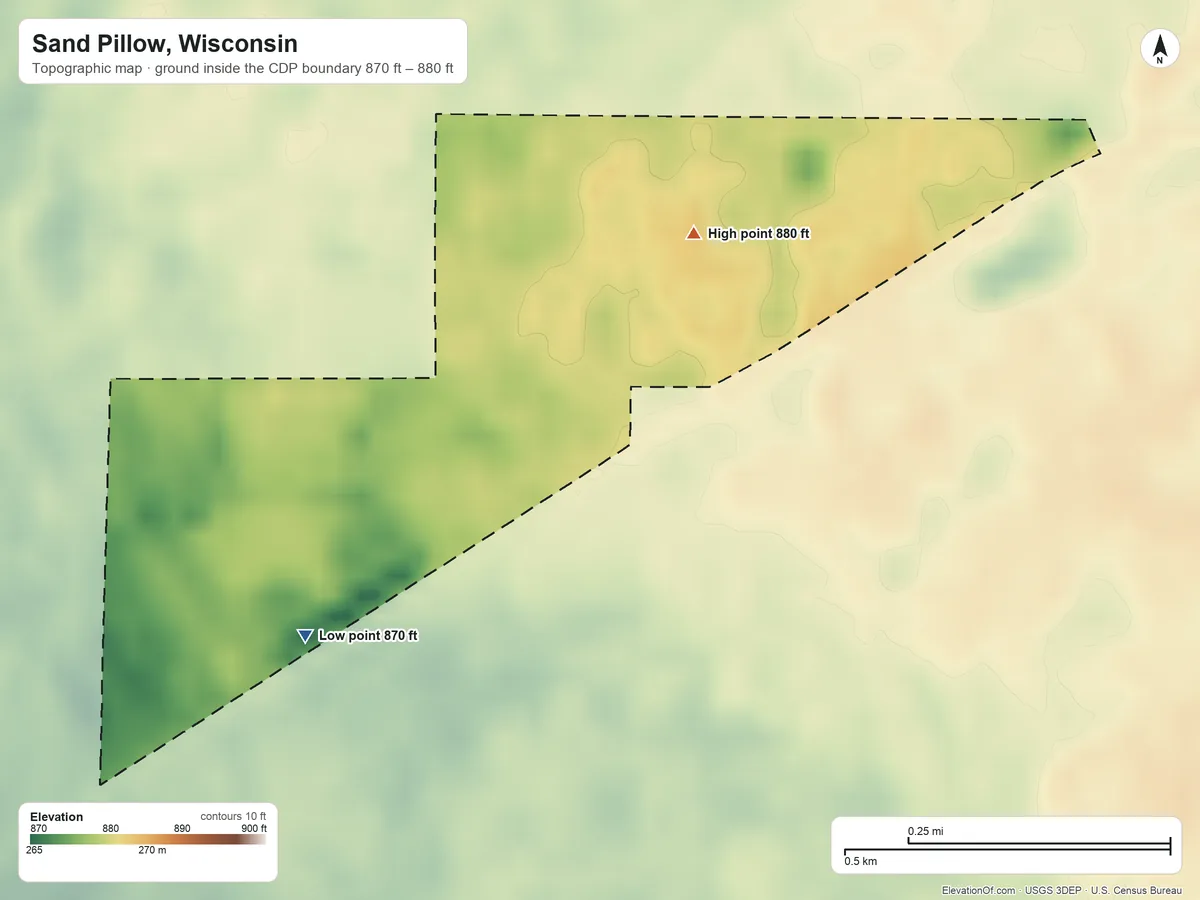 Topographic elevation map of Sand Pillow, Wisconsin, shaded from 870 ft on the southwest side to 880 ft on the northeast side