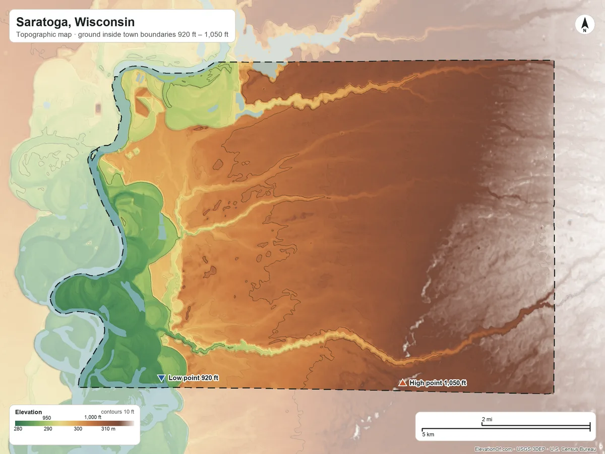 Topographic elevation map of Saratoga, Wisconsin, shaded from 920 ft on the southwest side to 1,050 ft on the southeast side