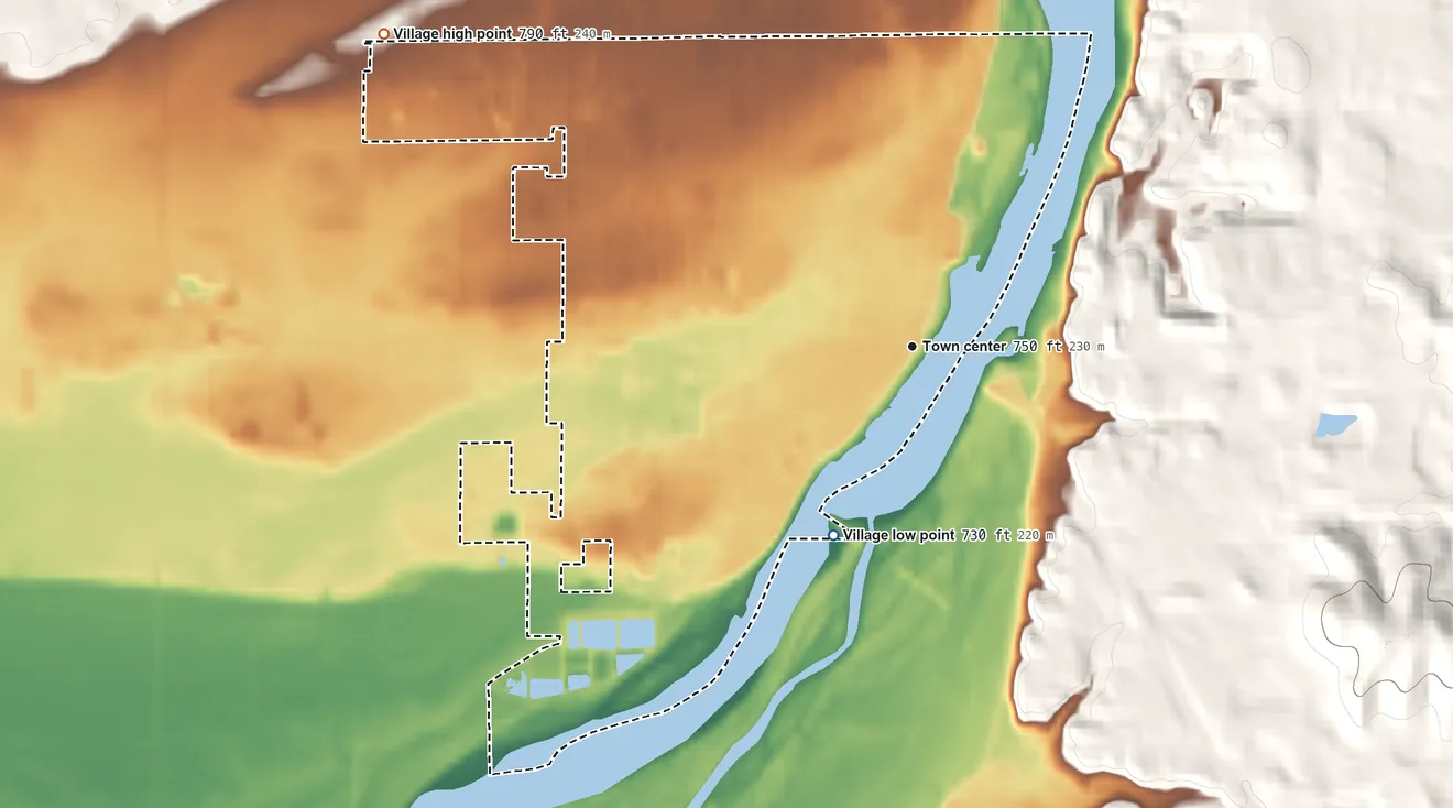 Topographic elevation map of Sauk City, Wisconsin, shaded from 730 ft on the southwest side to 790 ft on the northwest side