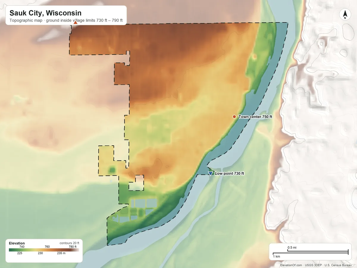 Topographic elevation map of Sauk City, Wisconsin, shaded from 730 ft on the southwest side to 790 ft on the northwest side