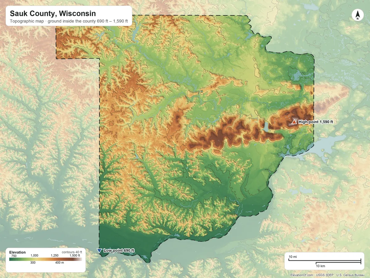 Topographic elevation map of Sauk County, Wisconsin, shaded from 690 ft on the southwest side to 1,590 ft on Sauk Point