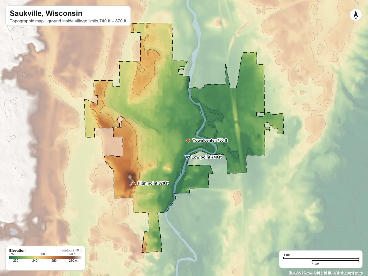 Topographic elevation map of Saukville, Wisconsin, shaded from 740 ft near the middle to 870 ft on the southwest side