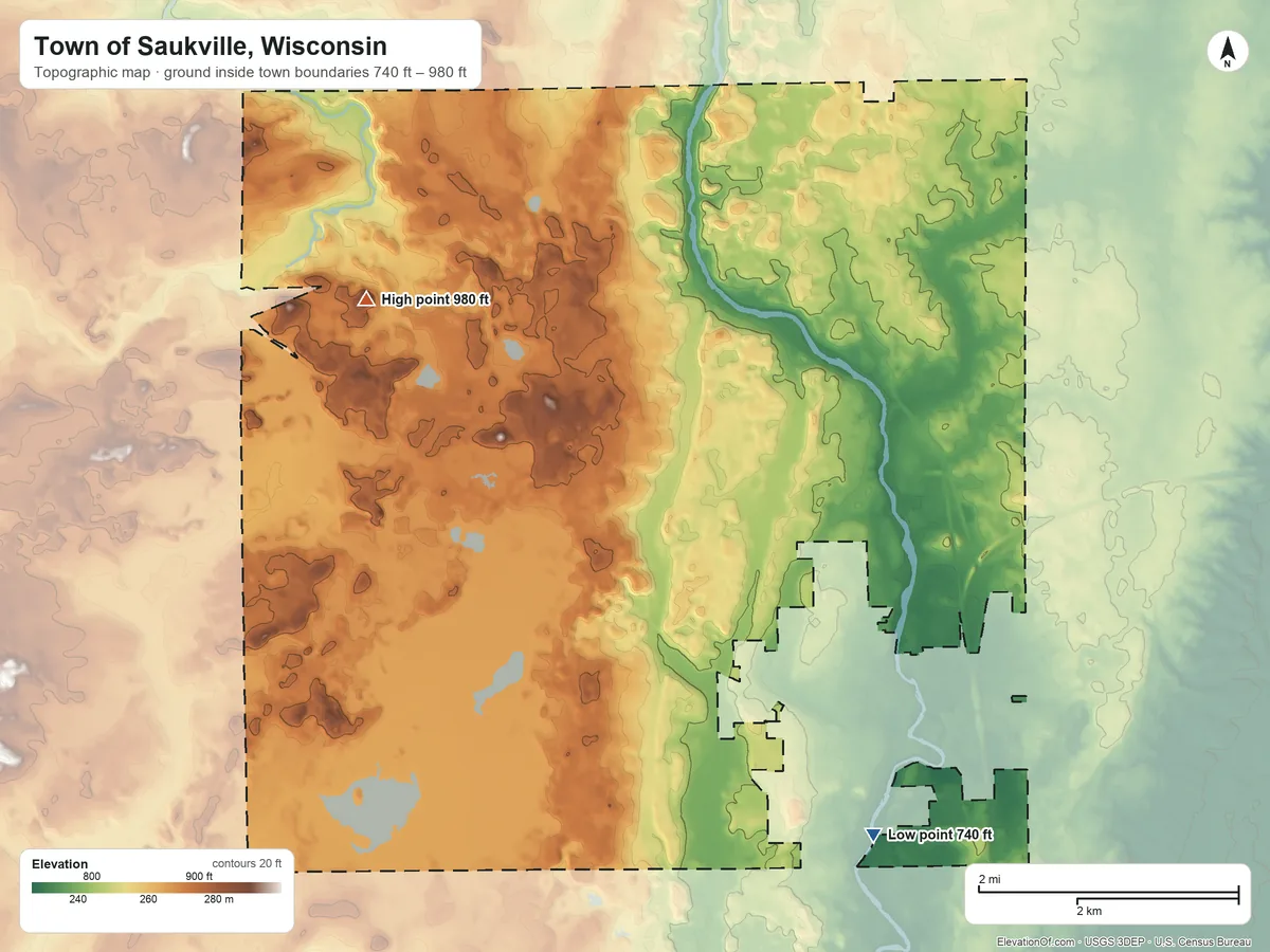 Topographic elevation map of Town of Saukville, Wisconsin, shaded from 740 ft on the southeast side to 980 ft on the northwest side