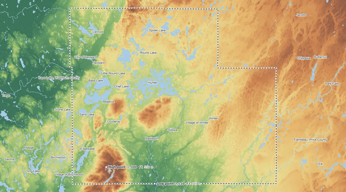 Topographic elevation map of Sawyer County, Wisconsin, shaded from 1,140 ft on the south side to 1,800 ft on Meteor Hill