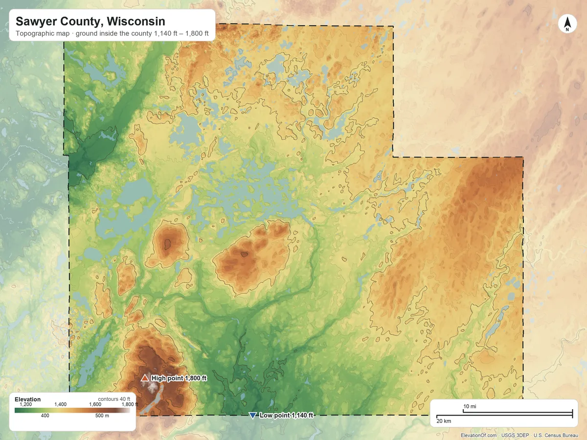 Topographic elevation map of Sawyer County, Wisconsin, shaded from 1,140 ft on the south side to 1,800 ft on Meteor Hill