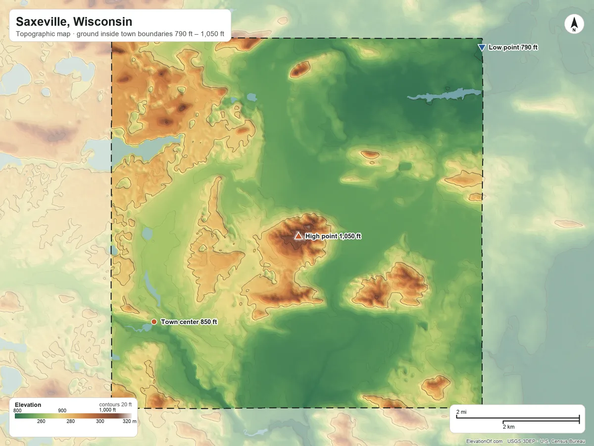 Topographic elevation map of Saxeville, Wisconsin, shaded from 790 ft on the northeast side to 1,050 ft on the northeast side