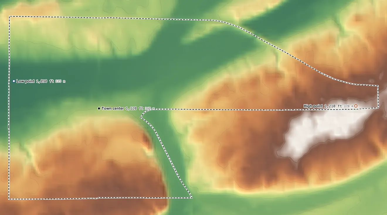 Topographic elevation map of Saxon, Iron County, Wisconsin, shaded from 1,090 ft on the west side to 1,210 ft on the east side