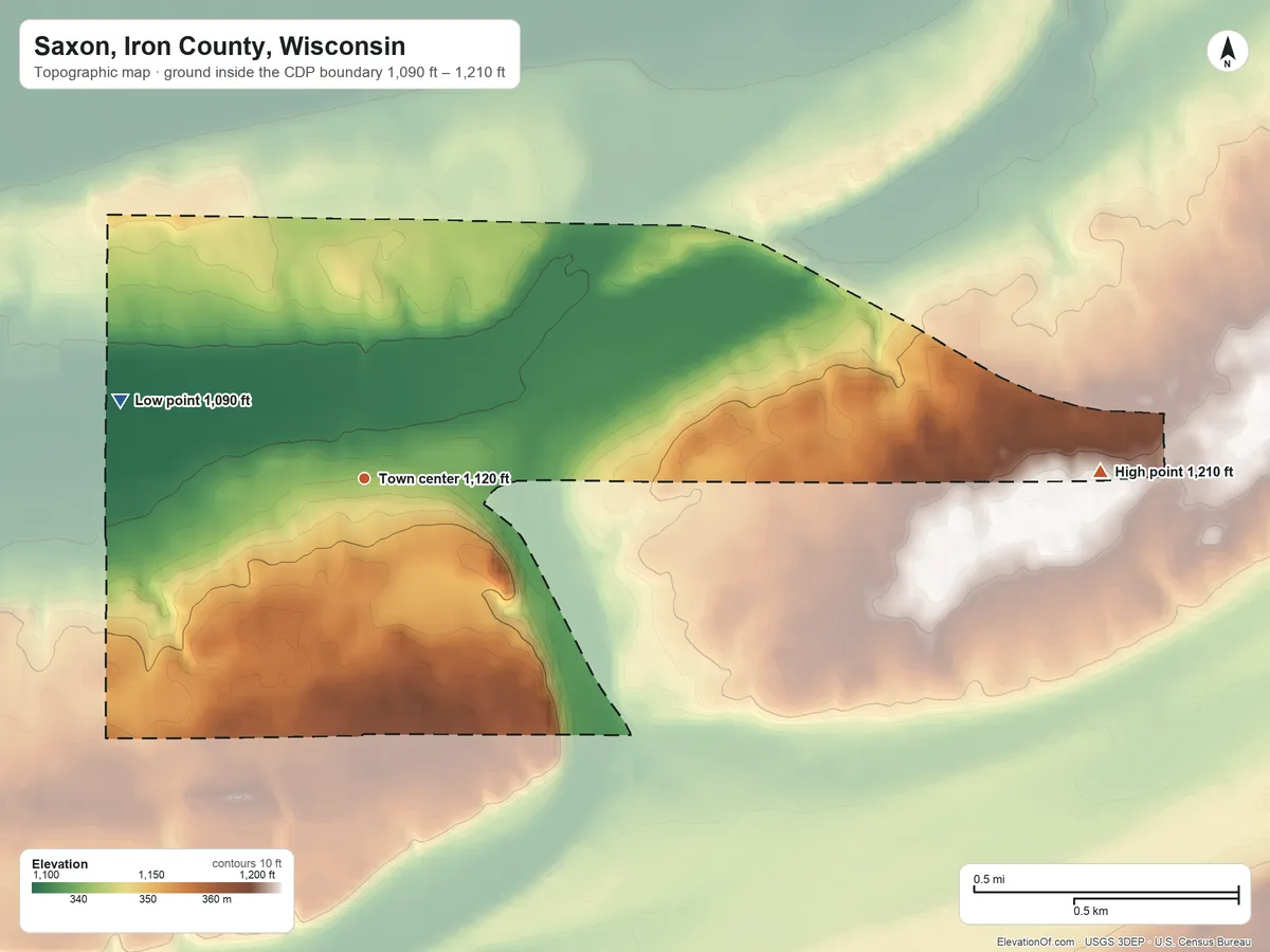 Topographic elevation map of Saxon, Iron County, Wisconsin, shaded from 1,090 ft on the west side to 1,210 ft on the east side