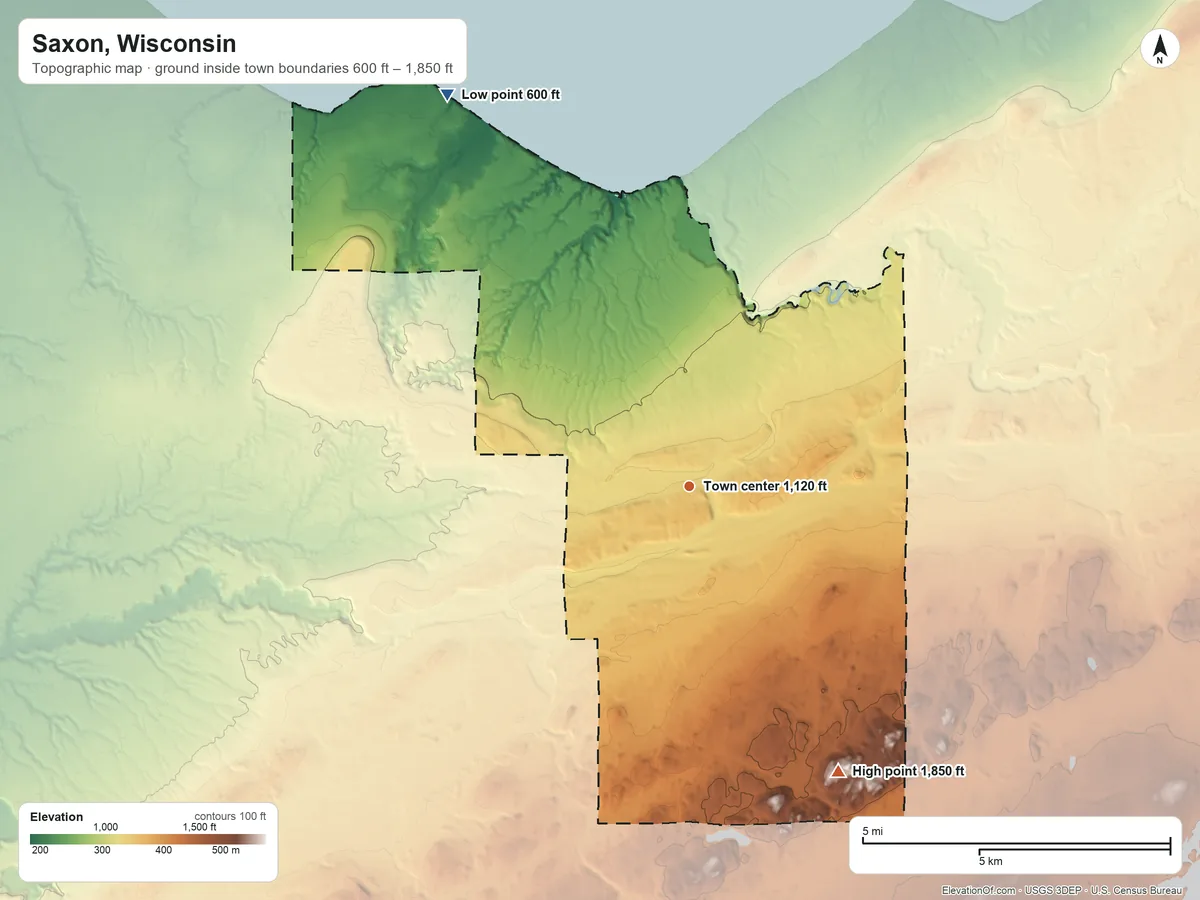 Topographic elevation map of Saxon, Wisconsin, shaded from 600 ft on the northwest side to 1,850 ft on the southeast side