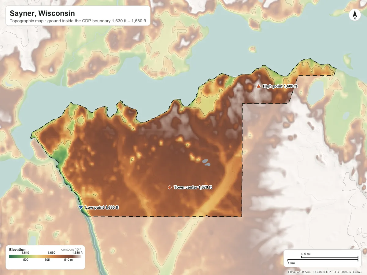 Topographic elevation map of Sayner, Wisconsin, shaded from 1,630 ft on the west side to 1,680 ft on the northeast side