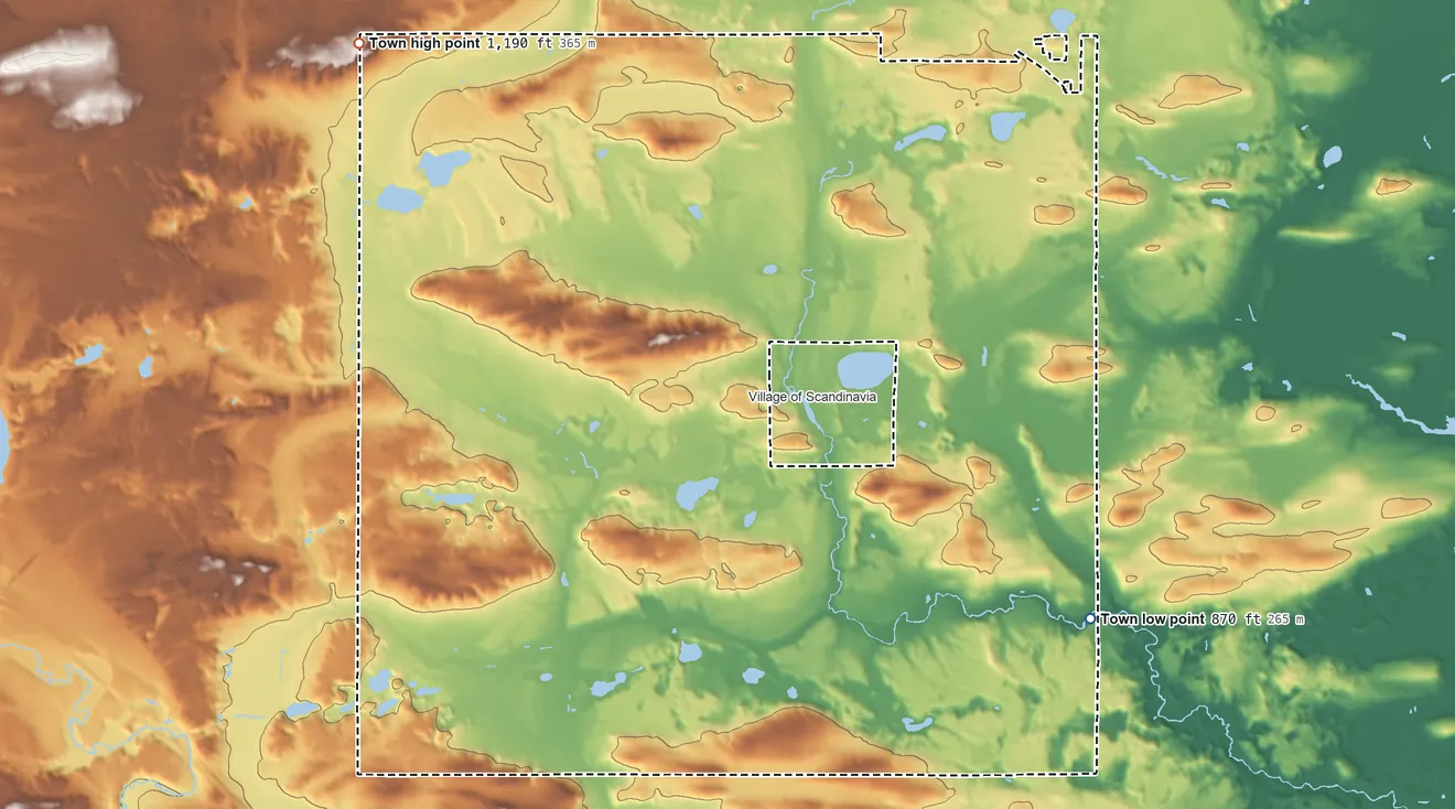 Topographic elevation map of Scandinavia, Wisconsin, shaded from 870 ft on the southeast side to 1,190 ft on the northwest side