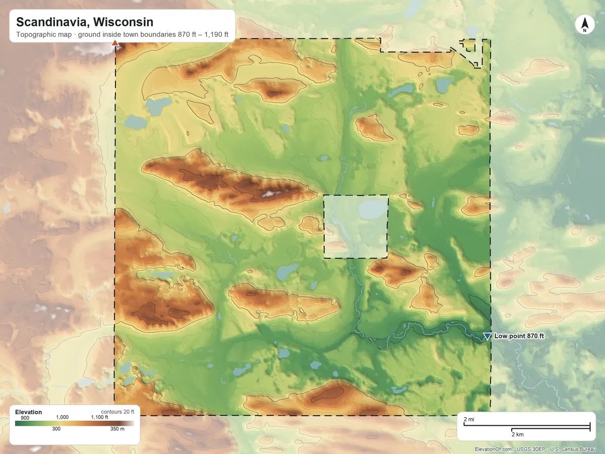 Topographic elevation map of Scandinavia, Wisconsin, shaded from 870 ft on the southeast side to 1,190 ft on the northwest side
