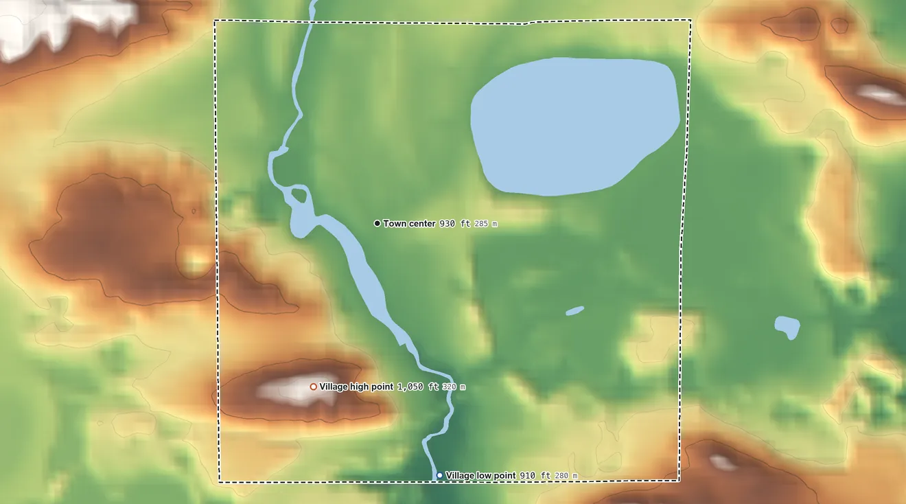 Topographic elevation map of Village of Scandinavia, Wisconsin, shaded from 910 ft on the south side to 1,050 ft on the south side