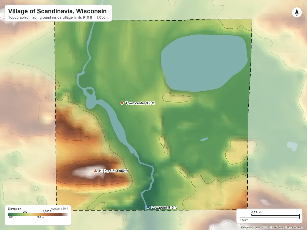 Topographic elevation map of Village of Scandinavia, Wisconsin, shaded from 910 ft on the south side to 1,050 ft on the south side