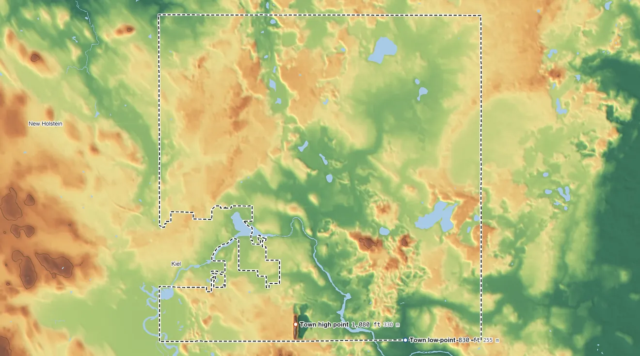 Topographic elevation map of Schleswig, Wisconsin, shaded from 830 ft on the southeast side to 1,080 ft on the south side