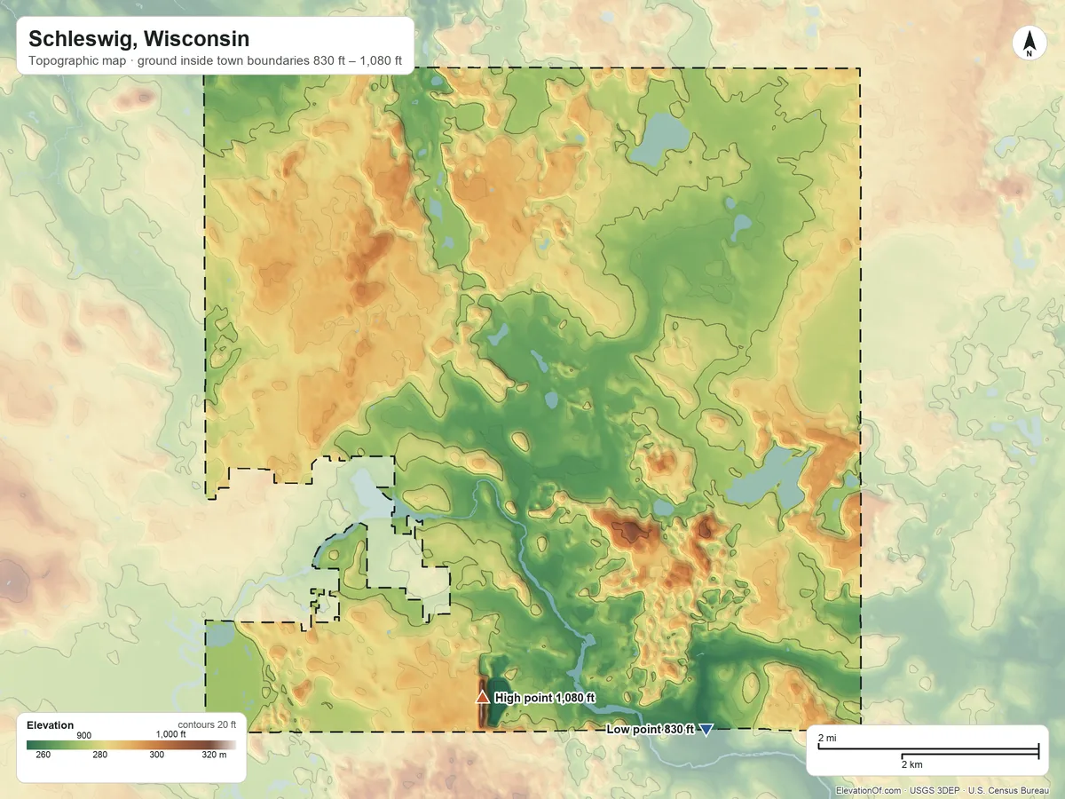 Topographic elevation map of Schleswig, Wisconsin, shaded from 830 ft on the southeast side to 1,080 ft on the south side