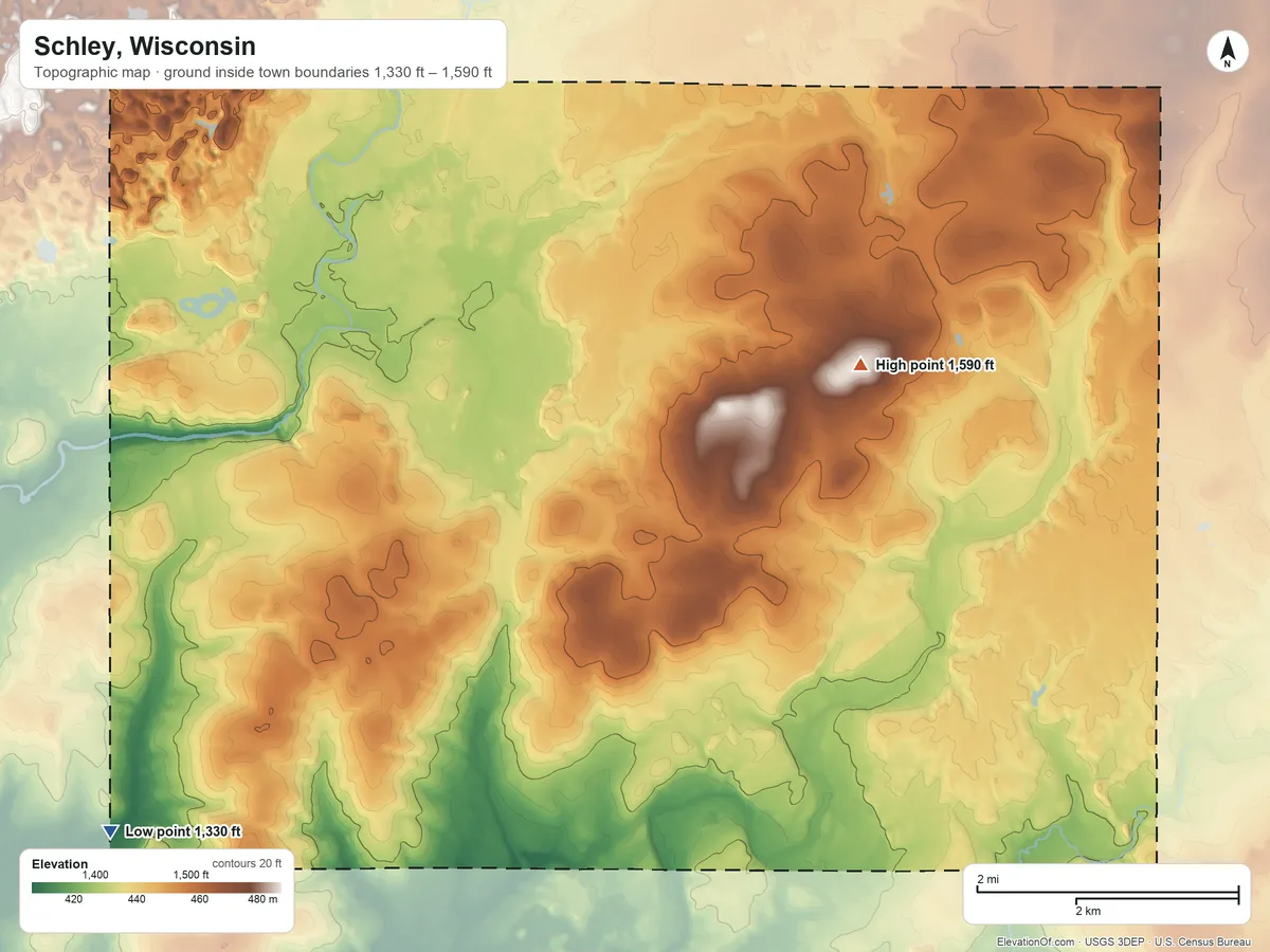 Topographic elevation map of Schley, Wisconsin, shaded from 1,330 ft on the southwest side to 1,590 ft on the east side