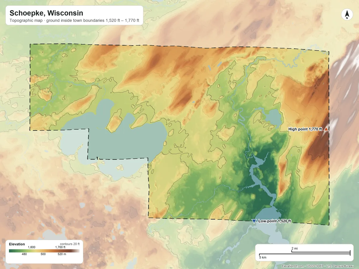 Topographic elevation map of Schoepke, Wisconsin, shaded from 1,520 ft on the southeast side to 1,770 ft on the east side