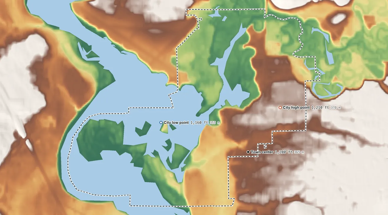 Topographic elevation map of Schofield, Wisconsin, shaded from 1,160 ft on the west side to 1,210 ft on the northeast side