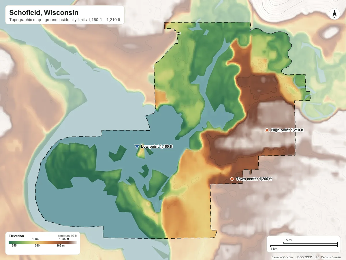 Topographic elevation map of Schofield, Wisconsin, shaded from 1,160 ft on the west side to 1,210 ft on the northeast side