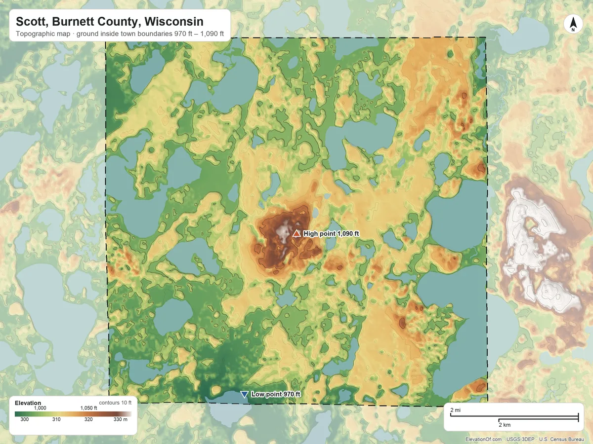 Topographic elevation map of Scott, Burnett County, Wisconsin, shaded from 970 ft on the south side to 1,090 ft near the middle