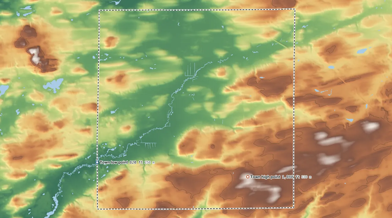 Topographic elevation map of Scott, Columbia County, Wisconsin, shaded from 820 ft on the southwest side to 1,080 ft on the southeast side