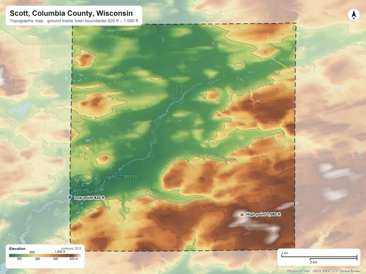Topographic elevation map of Scott, Columbia County, Wisconsin, shaded from 820 ft on the southwest side to 1,080 ft on the southeast side