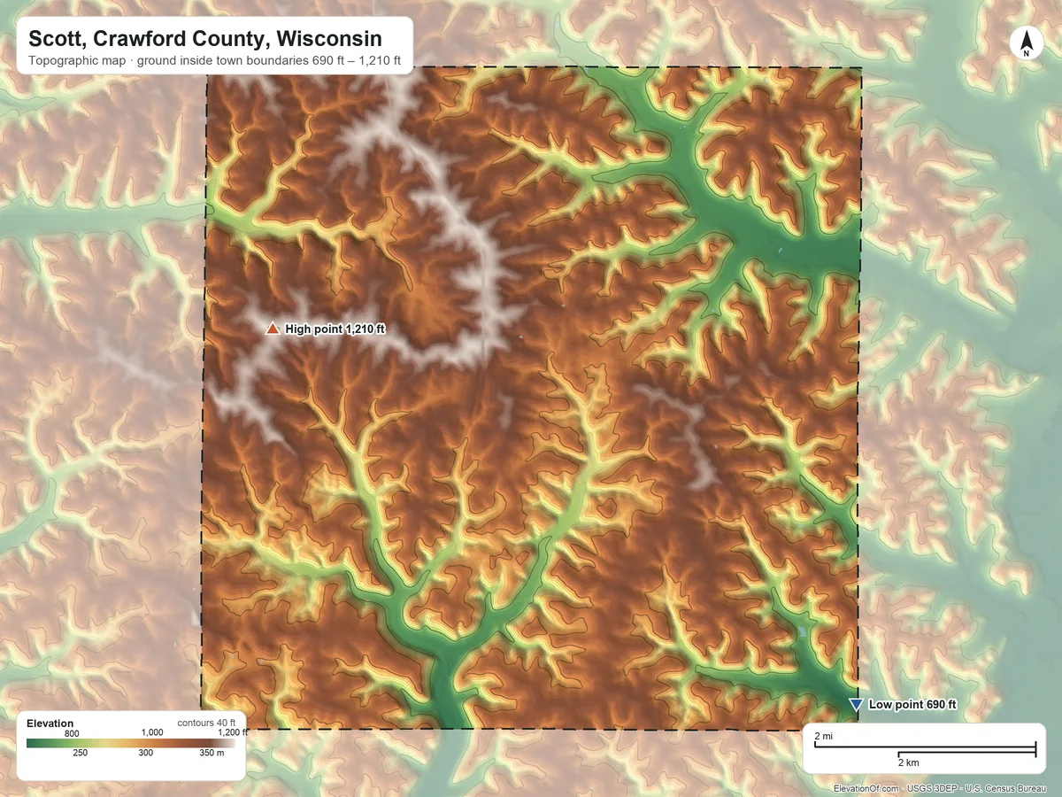 Topographic elevation map of Scott, Crawford County, Wisconsin, shaded from 690 ft on the southeast side to 1,210 ft on the west side