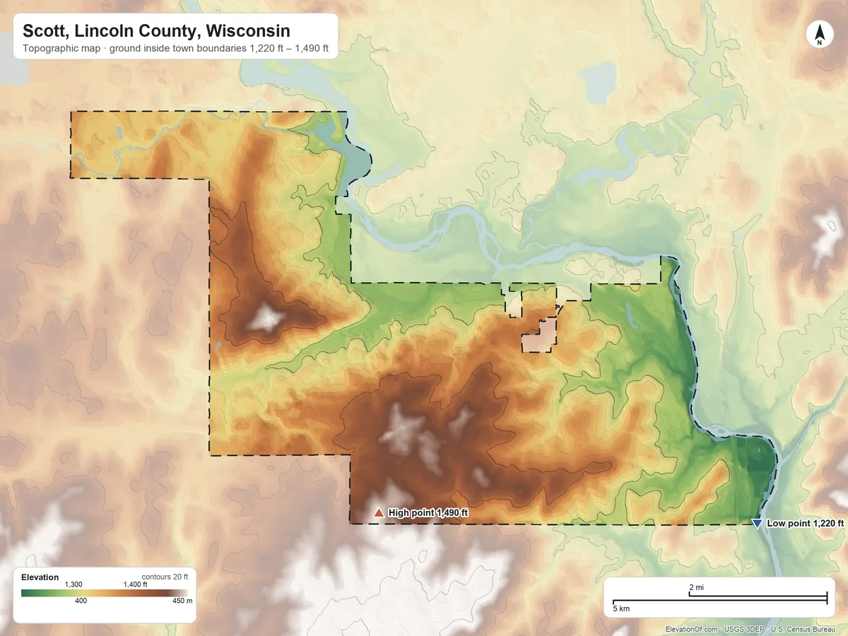 Topographic elevation map of Scott, Lincoln County, Wisconsin, shaded from 1,220 ft on the southeast side to 1,490 ft on the southwest side