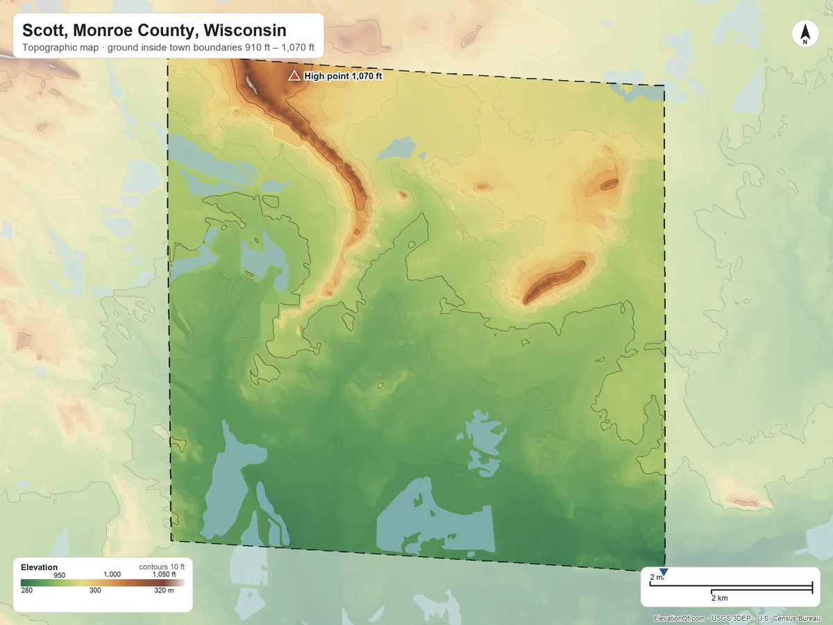Topographic elevation map of Scott, Monroe County, Wisconsin, shaded from 910 ft on the southeast side to 1,070 ft on the northwest side