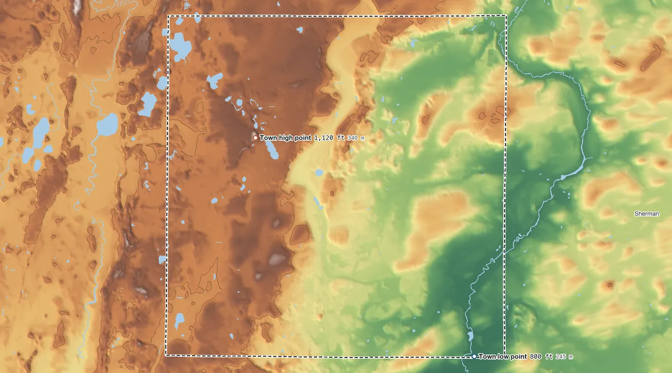 Topographic elevation map of Scott, Sheboygan County, Wisconsin, shaded from 800 ft on the southeast side to 1,120 ft on the west side