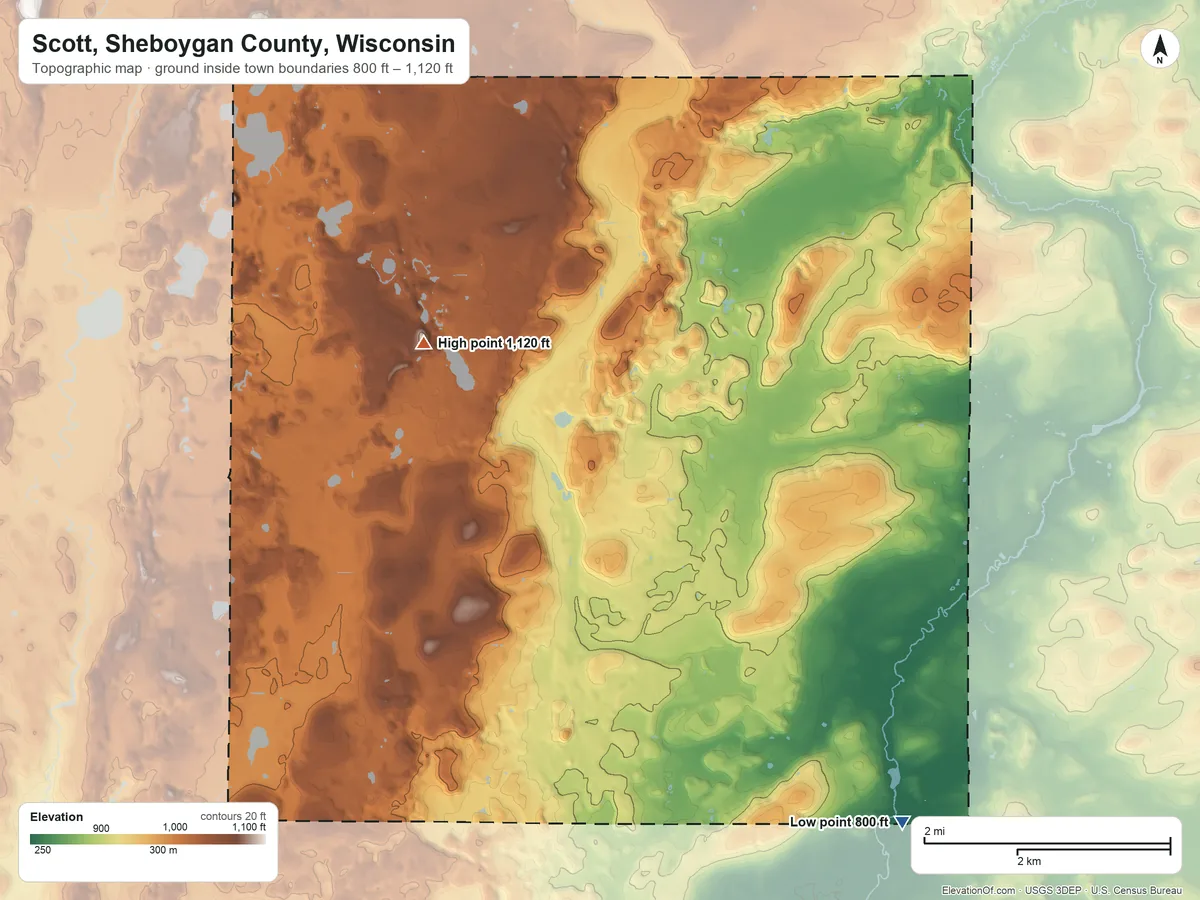 Topographic elevation map of Scott, Sheboygan County, Wisconsin, shaded from 800 ft on the southeast side to 1,120 ft on the west side