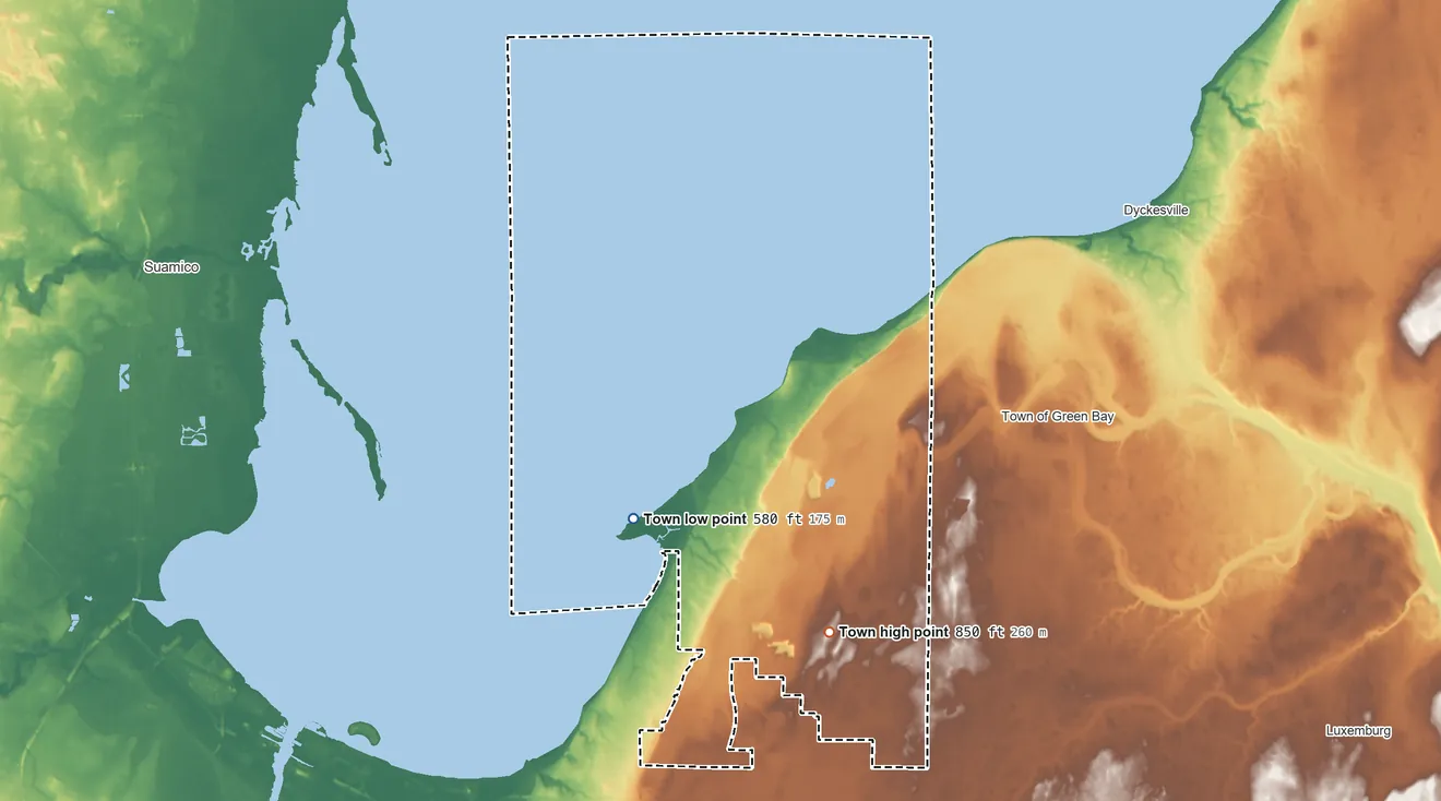 Topographic elevation map of Scott, Wisconsin, shaded from 580 ft on the west side to 850 ft on the southeast side