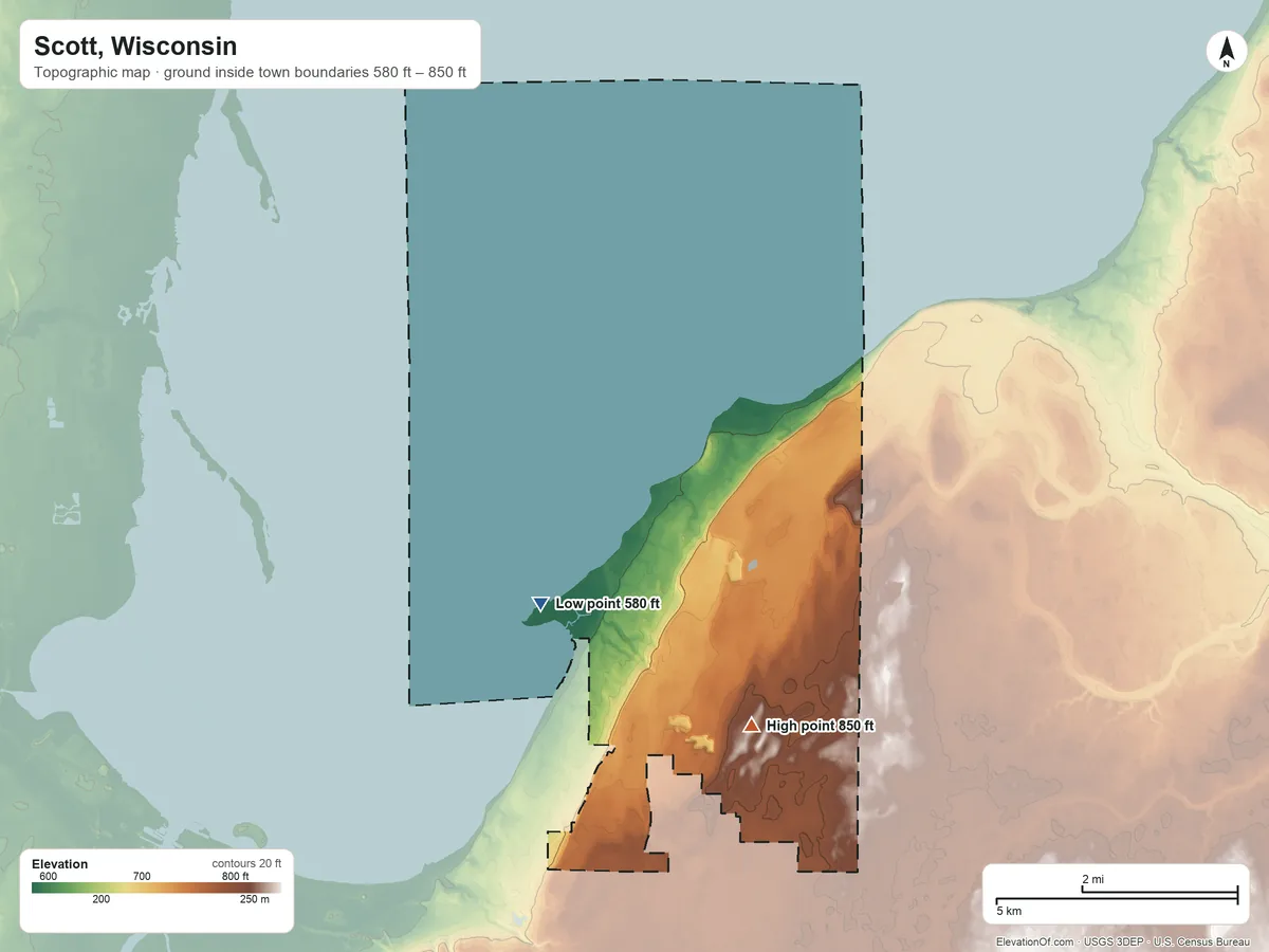 Topographic elevation map of Scott, Wisconsin, shaded from 580 ft on the west side to 850 ft on the southeast side